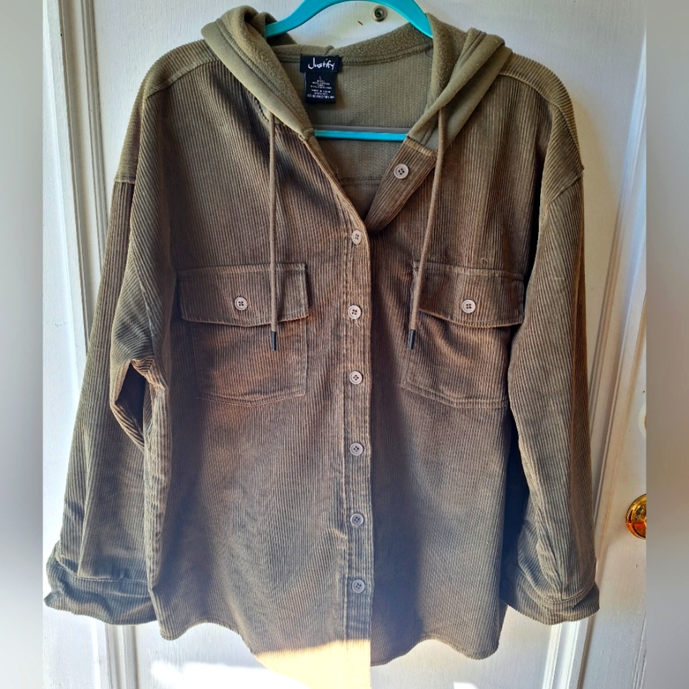 Justify corduroy shacket over shirt L